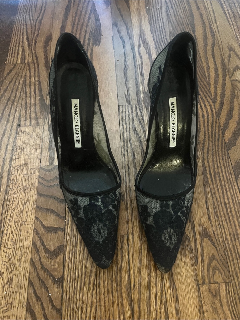 Manolo Blahnik Black Lace Pointed-Toe Pumps — Sheer Floral Overlay